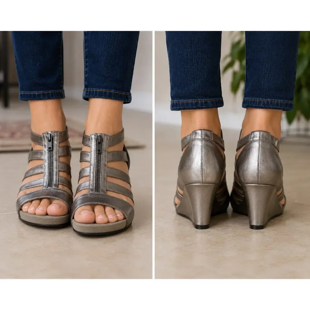 Aerosoles Plush Love Metallic Pewter Wedge Sandals Size 7.5 Comfort Shoes - Picture 1 of 12